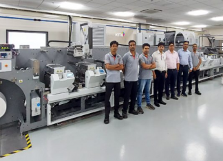 A new Bobst M5 430 press is unveiled at Apex International’s state-of-the-art FlexoKITE experience centre in Sinnar near Nashik, India. Photo Apex