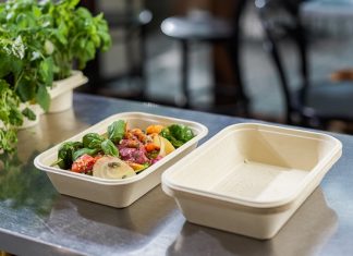 Stora Enso’s pure fiber stack of square salad bowls being used in Europe