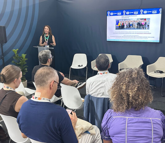 Luciana Pellegrino the president of the World Packaging Organization stated at the WPO in Brazil that from technical evidence, case studies, and WPO’s global initiatives, such as Navigating the Food Loss and Waste Paradox and the Design for Recycling Guidelines, how packaging innovation directly contributes to SDG 2, SDG 12, SDG 13, and SDG 17 Photo WPO