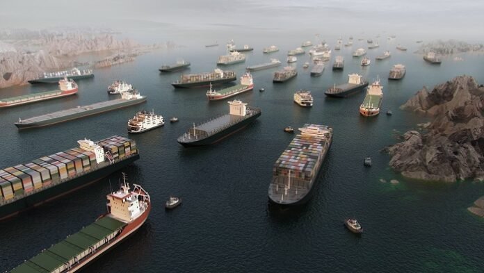 Cargo vessels congestion blocking maritime traffic in the Strait of Hormuz, tankers and container cargo ships clustered in aerial 3D illustration render. resilience