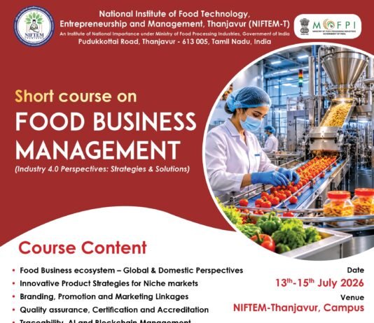NIFTEM Thanjavur’s short-term food management course food